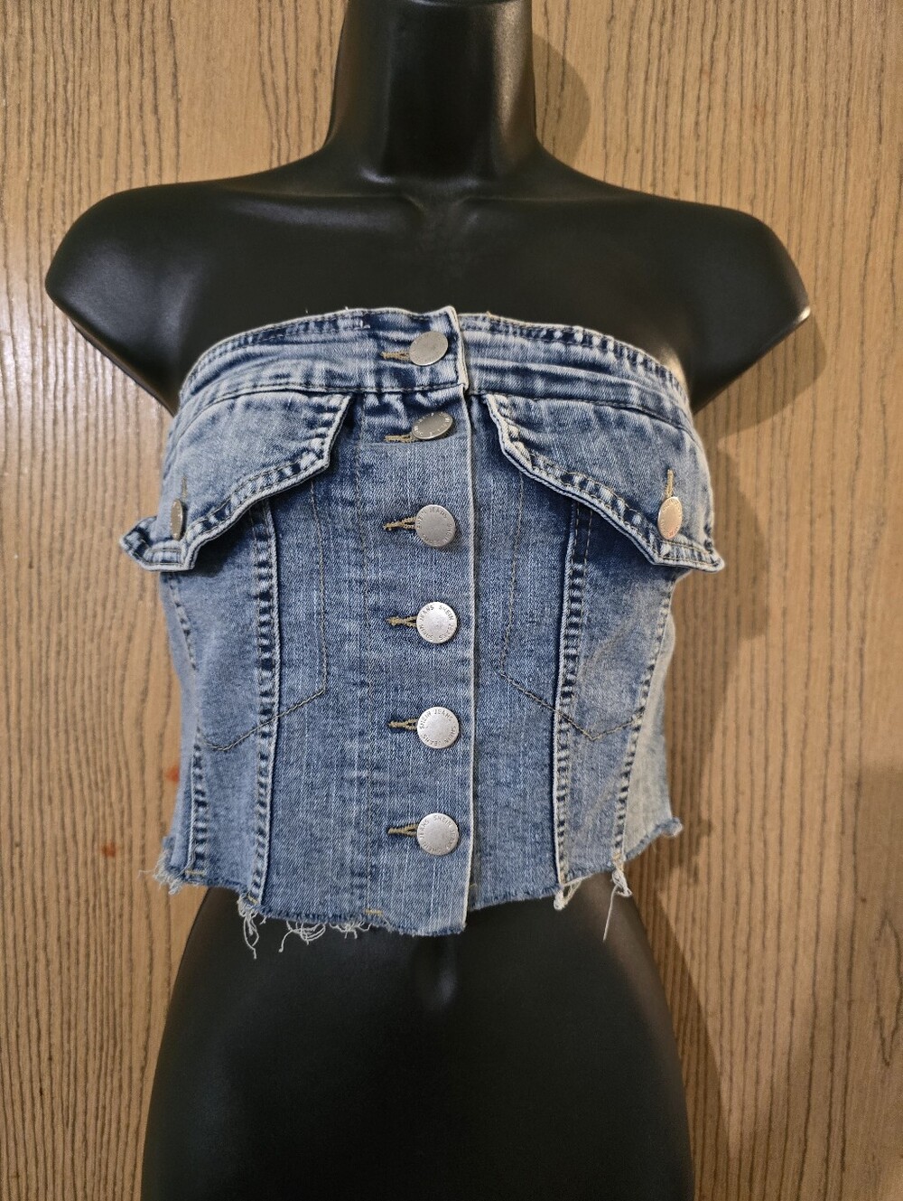 Denim Strapless Button-Front Crop Top - Blue